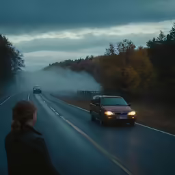 a car is driving on the road while fog covers the area