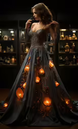 the woman is wearing a dress made up of halloween decorations