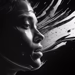 black and white artwork of a woman with drops of water all around her