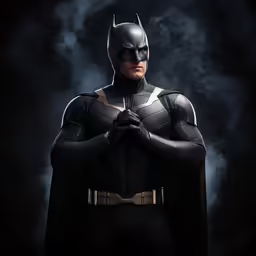 a man dressed as batman standing in smoke