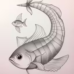 a black and white drawing of a fish
