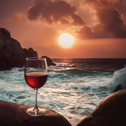 the sun is setting over the ocean with wine in front of it