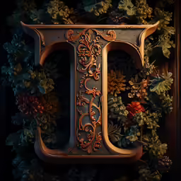 a decorative letter sitting next to a wall full of flowers