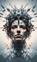 a man with his head full of many faces and feathers