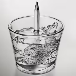 a glass full of water with a metal bullet floating in it