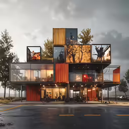 two story, multi - family house with metal structure in front