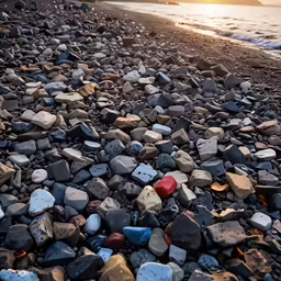 the rocks are piled together on the beach