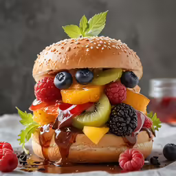 a fruit covered burger is ready to be eaten