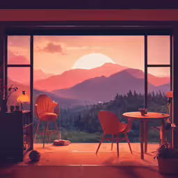 a picture of some mountain view outside the window,a couple of chairs that are in a room