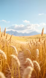 a field filled with tall grass next to a dirt road