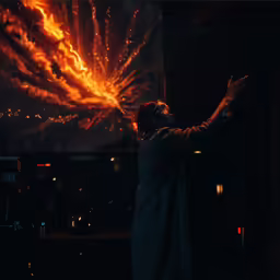 man using hands up with firework in background