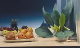 a bunch of fruit on plates in a kitchen