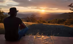 the person sits on the ground looking at the sunset