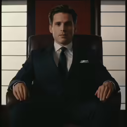 a man in a suit and tie is seated on a chair