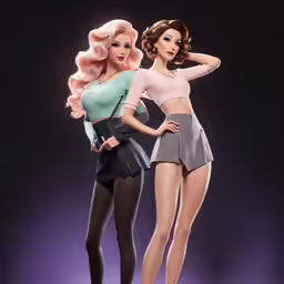 two barbie dolls are posed against a purple background