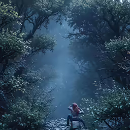 a person sitting on a ledge in the middle of a forest