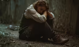 a man sitting on the ground in the woods