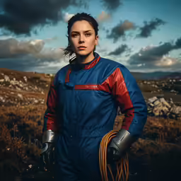 a woman in a blue work uniform posing