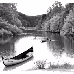 a couple of canoes sitting in the middle of a lake