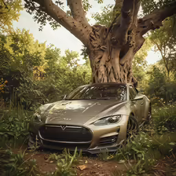 the new tesla roadster s in front of a large tree
