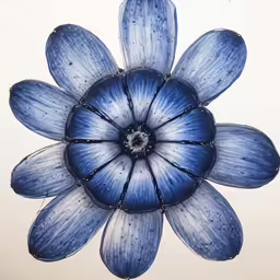 an artistic photograph of an abstract flower painted in blue on white paper