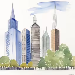 a painting of a city skyline with the blue building,a painting of an urban scene with trees and skyscrapers,a painting of a group of buildings and trees,watercolor of the city in a drawing,a watercolor drawing of skyscrapers with trees and a hill
