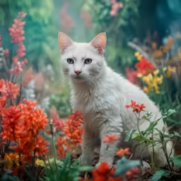 an image of a white cat in the wildflowers