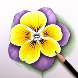 a drawing of a flower is being painted,an artistic drawing of a purple and yellow flower