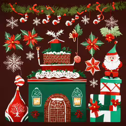 a picture of an ugly looking home with presents,an assortment of christmas decorations and gifts are arranged on a brown background
