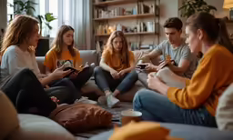 four women and a man sitting on the couch looking at items in their hands