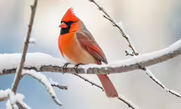 the red cardinal is perched on the tree limb in the snow