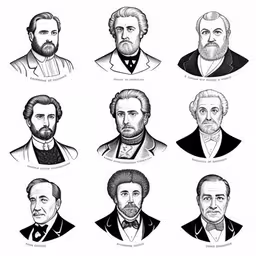 an old line drawing of the presidents of the united states,various male historical people are depicted in this illustration,an old poster with the names of different men,some men