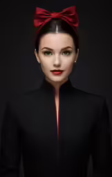 a girl wearing a red bow with the hair in ponytail