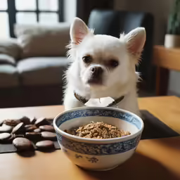 small dog eating out of bowl on the table