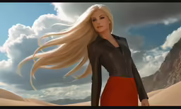 a woman standing on top of sand hills with a wind blown hair