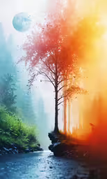 a beautiful, colorful image of a stream, trees and sunset