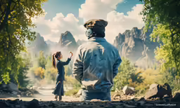 a man and a woman stand on a forest with rocks and trees