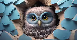 an owl is peeking out from inside a hole