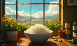 a bowl of rice with sun shining through the window