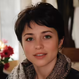 woman with brown scarf and black coat looking off camera