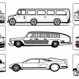 some line drawings of cars and their silhouettes,many pictures of different types of vehicles