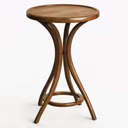 a wooden stool with a bent leg