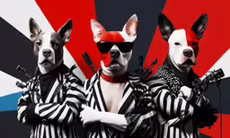 two dogs dressed in costume with guns and striped clothes