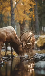a deer drinking water from a stream in the forest