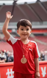 a young boy waves while he stands in front of the crowd