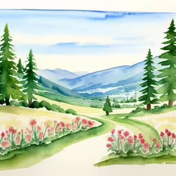 the picture depicts a view of trees and hills