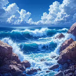 a painting of the ocean with a rocky shoreline