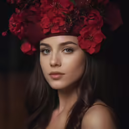 a woman wearing a red flowered headpiece