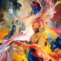 a woman standing in front of a colorful wall