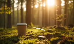 a cup sits on the ground next to trees